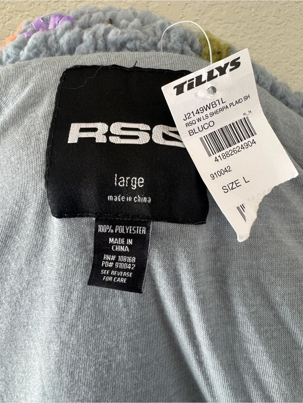 NWT RSQ Sherpa Plaid Shacket Jacket Blue Plaid Teddy Fleece Large Tillys